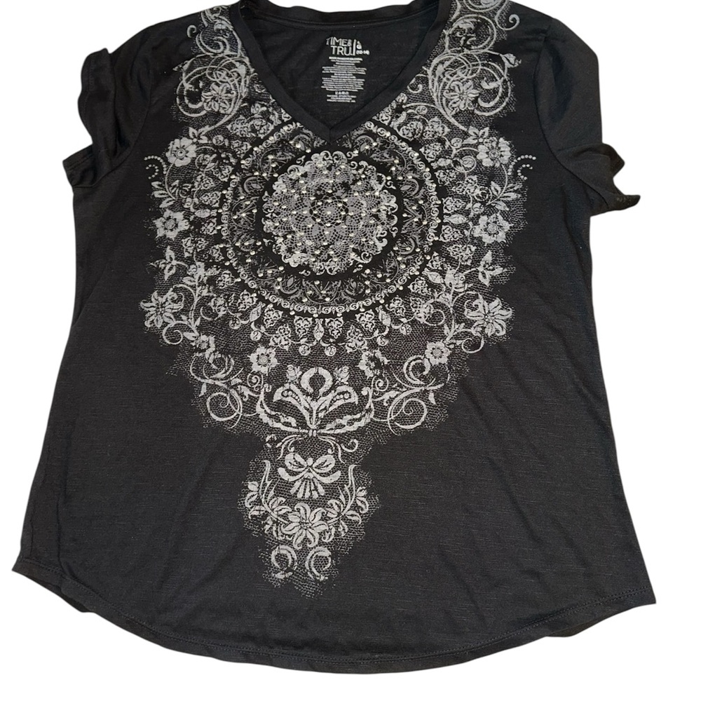 Time and Tru Black V-Neck Top with White Floral Medallion